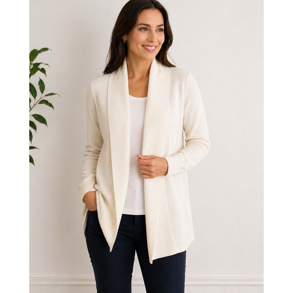 Lands' End Shawl Collar Cardigan L Longline Lagenlook Sweater Open Front Ivory